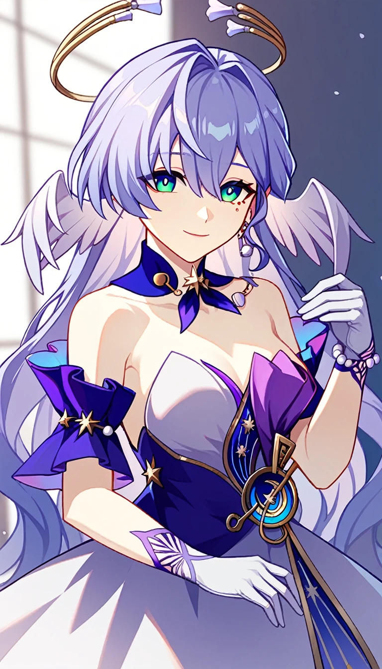 1girl, robin_\(honkai:_star_rail\), bare_shoulders, head_wings, white_dress, white_gloves, detached_sleeves, short_sleeves, aqua_eyes, long_hair, halo, purple_dress, hair_between_eyes, earrings, purple_hair