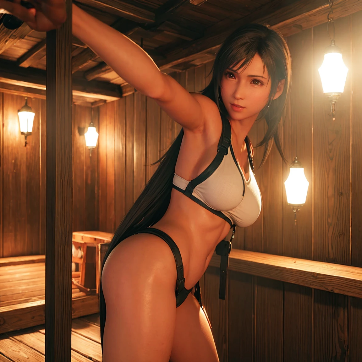 Tifa in a sauna, half naked, whole body, pose sensual, round ass, big breasts and light brown eyes. 8k, Best Quality, masterpiece 1.2