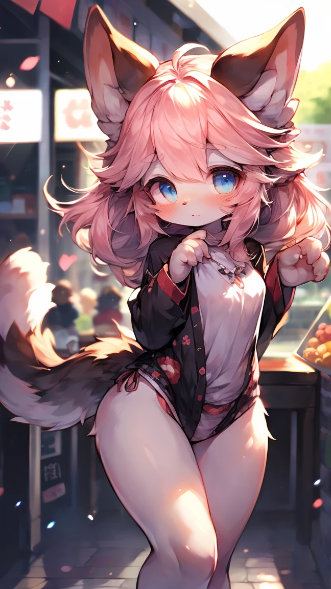  Extremely detailed, beautiful, Fair, masterpiece, best quality, Calming color palette, Peace of mind,White，White绒毛，Fluffy white ears and tail，blush blush，HD Wallpapers，16k resolution, Powerful blue eyes，hairy尾巴，Pink cat ears，Plush body，paw,hairy,浑身hairy，Long legs，blush，White迷你裙，White毛发，look up