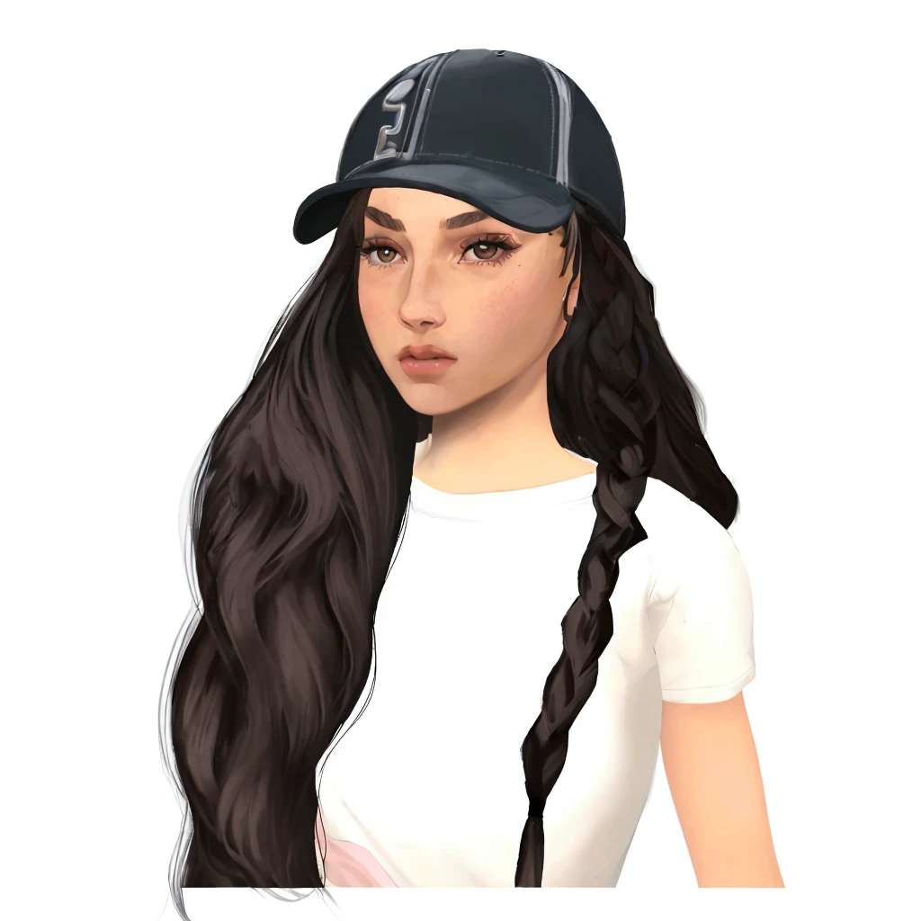 The image shows a feminine girl with long, dark braided hair, wearing a black baseball cap with gray trim. The woman has delicate features, with thin eyebrows, large, expressive eyes, and pink lips. She appears to be wearing a white short-sleeved t-shirt..