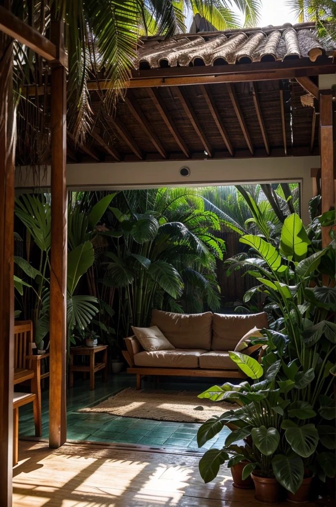 Describe the houses around IKN. The house is environmentally friendly and has a tropical forest theme. You enter the living room of the house