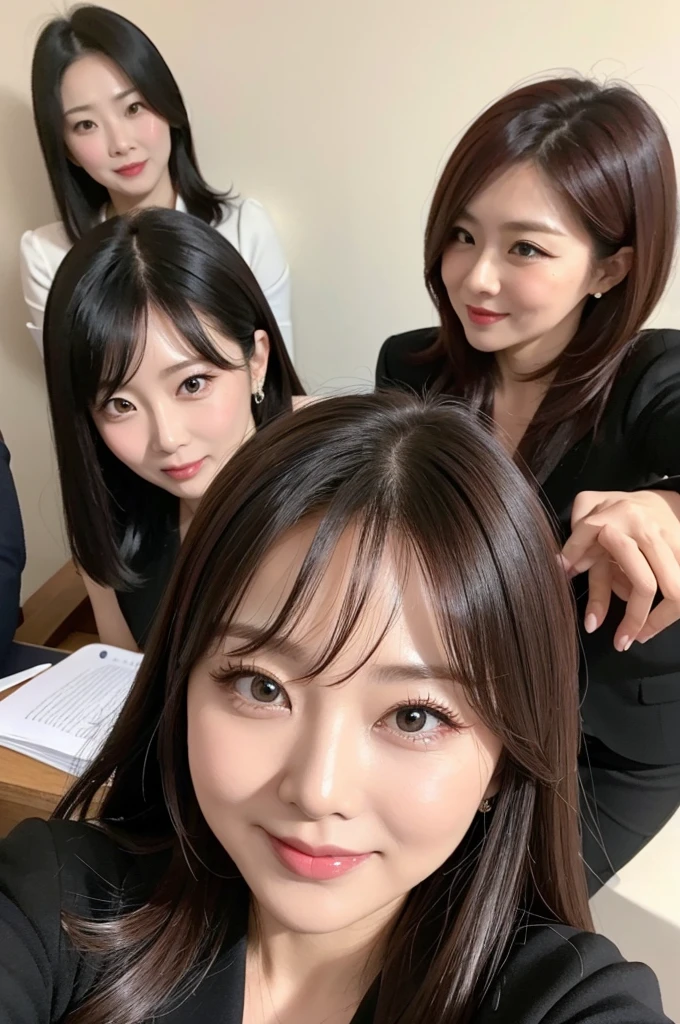 five sexy 40 years old women in businesswomen outfits who are wives of 4 years old boy, various hair colors and hairstyles, flustered smiles, portrait, close up faces, view from below