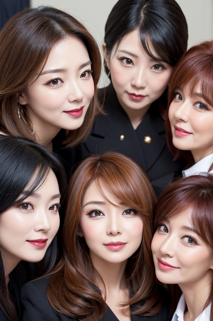 five sexy 40 years old women in businesswomen outfits who are wives of 4  boy, various hair colors and hairstyles, flustered smiles, portrait, close up faces, view from below