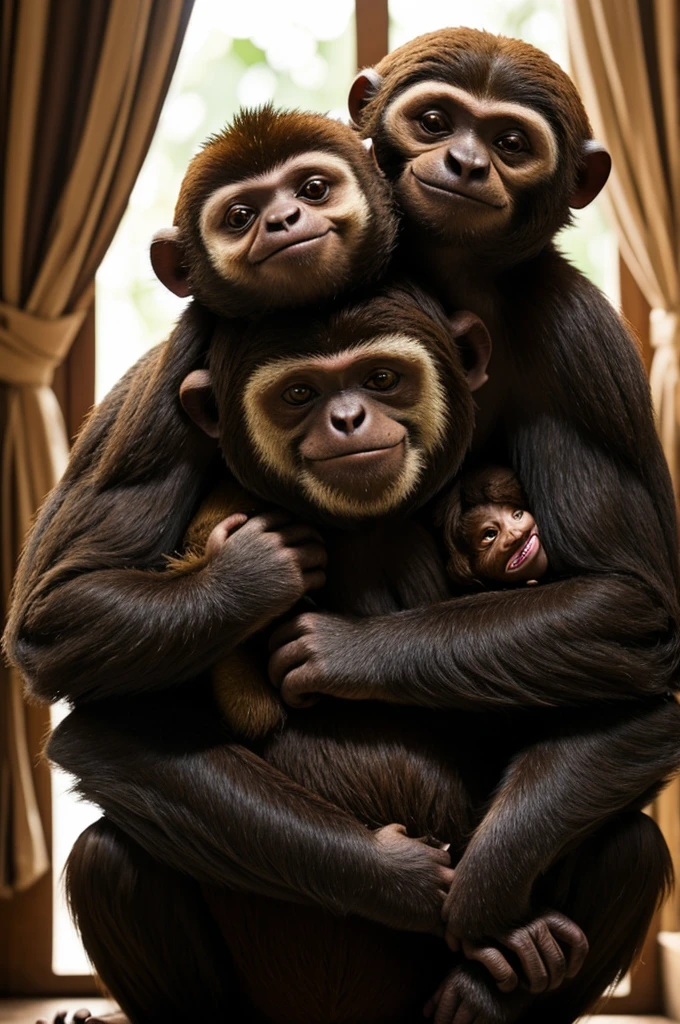 A big and strong happy monkey being cuddled by a little sloth very in love