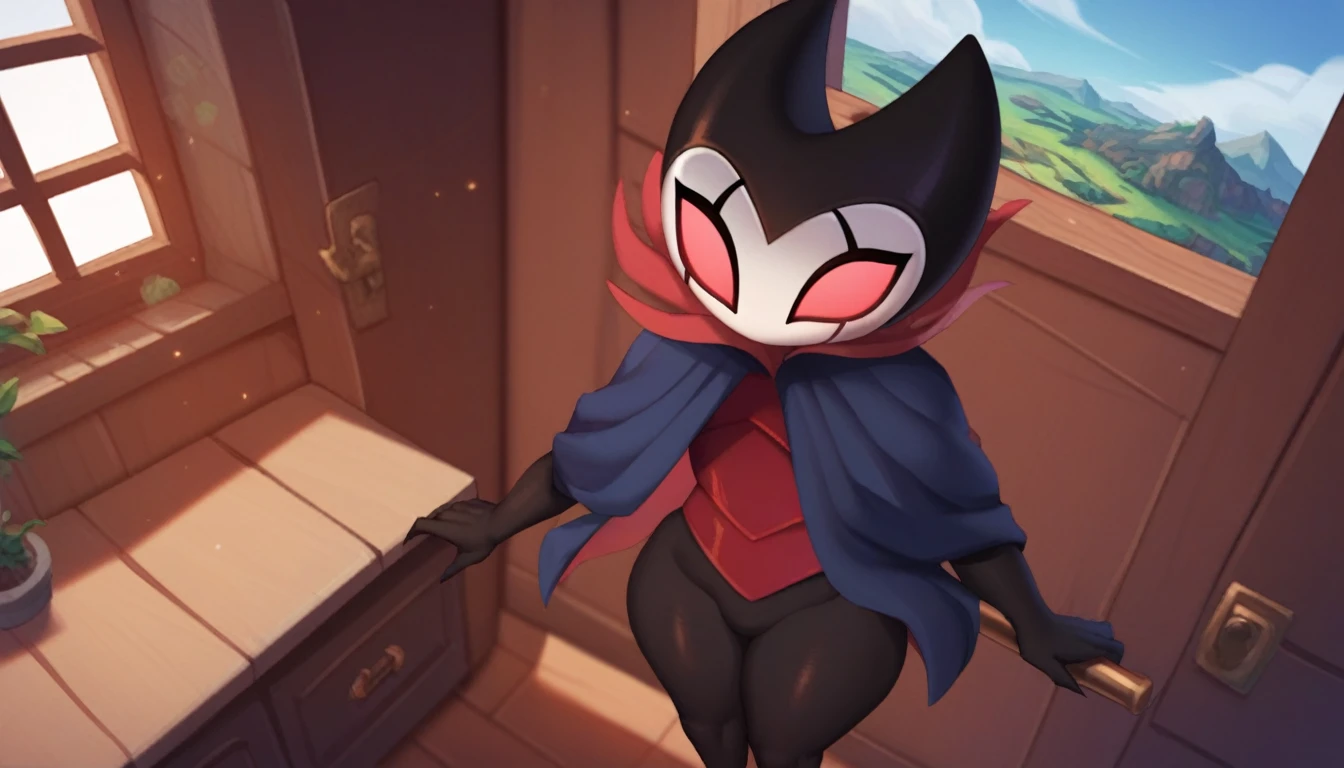 score_9, score_8_up, score_7_up, score_6_up, zPDXL2, grimm \(hollow knight\), vampire, bat, 1boy, solo, cute face, detailed eyes, anthro, clothed, background, near the window, landscape, looking at the viewer, thick thighs, angle from above, highlight thighs