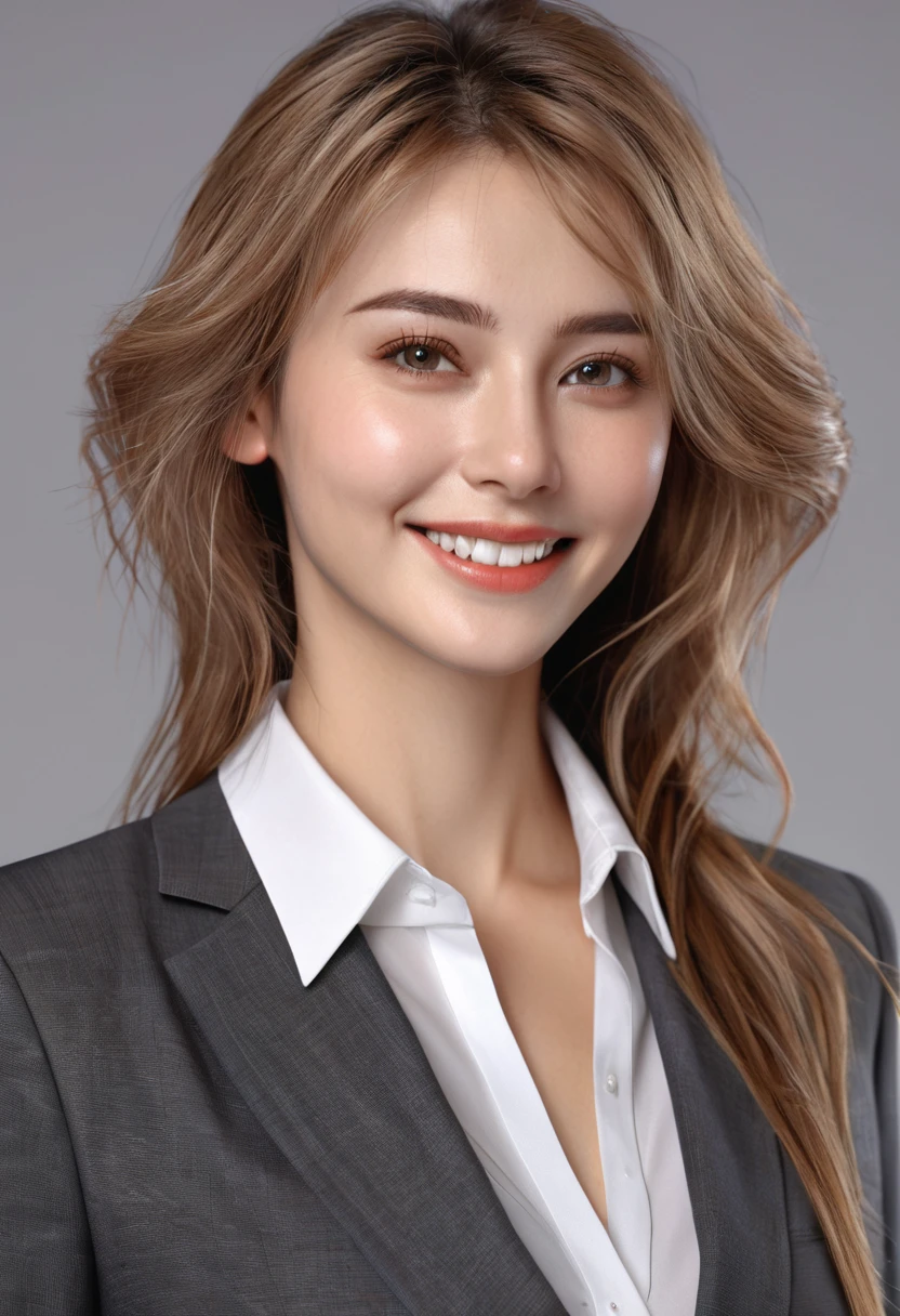 table top, highest quality, realistic, Super detailed, finely, High resolution, 8k wallpaper, 1 beautiful woman,, light brown messy hair, wearing a business suit, sharp focus, perfect dynamic composition, beautiful and detailed eyes, thin hair, Detailed realistic skin texture, smile, close-up portrait, model body shape