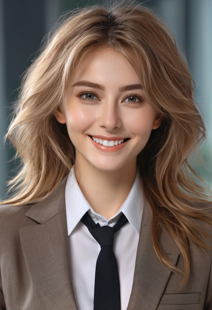 table top, highest quality, realistic, Super detailed, finely, High resolution, 8k wallpaper, 1 beautiful woman,, light brown messy hair, wearing a business suit, sharp focus, perfect dynamic composition, beautiful and detailed eyes, thin hair, Detailed realistic skin texture, smile, close-up portrait, model body shape