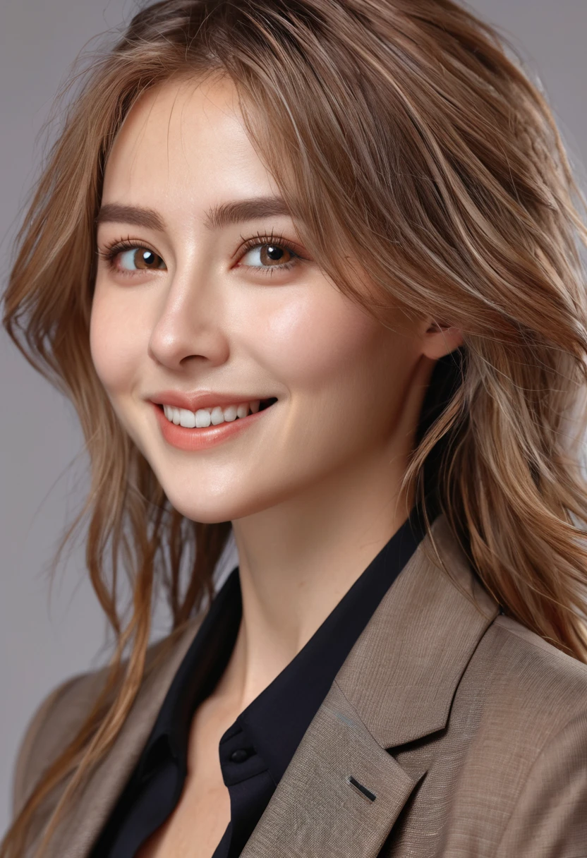 table top, highest quality, realistic, Super detailed, finely, High resolution, 8k wallpaper, 1 beautiful woman,, light brown messy hair, wearing a business suit, sharp focus, perfect dynamic composition, beautiful and detailed eyes, thin hair, Detailed realistic skin texture, smile, close-up portrait, model body shape