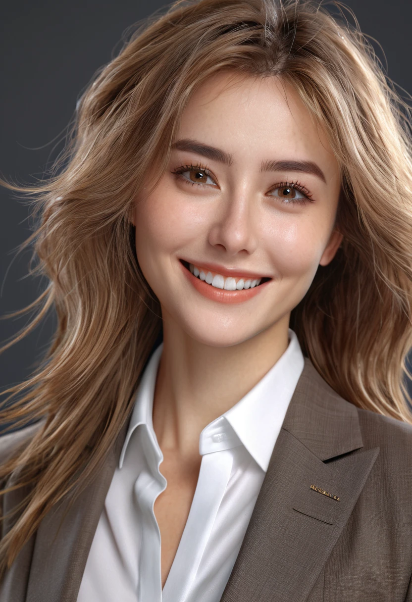 table top, highest quality, realistic, Super detailed, finely, High resolution, 8k wallpaper, 1 beautiful woman,, light brown messy hair, wearing a business suit, sharp focus, perfect dynamic composition, beautiful and detailed eyes, thin hair, Detailed realistic skin texture, smile, close-up portrait, model body shape