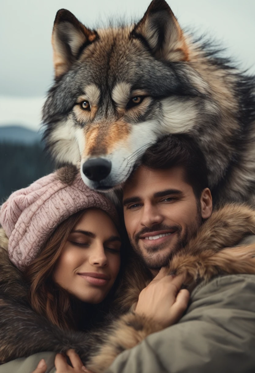 Furry man, fluffy, furry, fur, (8k), (High Definition), two people, furry man hugging smaller human woman, furry wolf man, woman lying on furry man&#39;s chest,