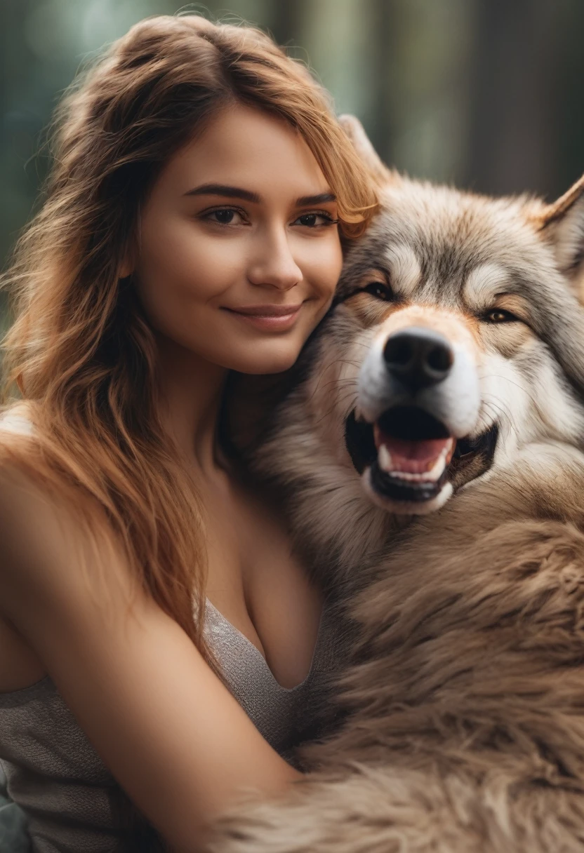 Furry man, fluffy, furry, fur, (8k), (High Definition), two people, furry man hugging smaller human woman, furry wolf man, woman lying on furry man's chest,