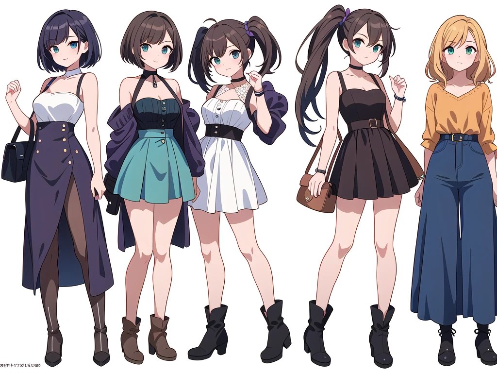 (((Best Quality))) , ((full body)), 4 lady, adult woman, multiple views, (((white background,))) variety of hairstyles, variety of fashion styles, seductive pose, fashionable and trendy atmosphere, holding bag, summer outfits, walk pose, dark blue/dark orange/dark green/dark violet/brown/white, short shorts, boots, bustier,