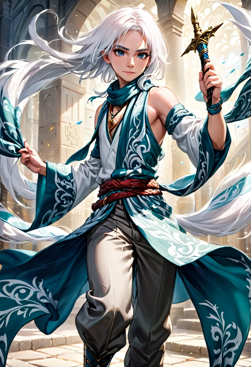white hair, long pattern scarf, holding dual daggers, young male, fantasy