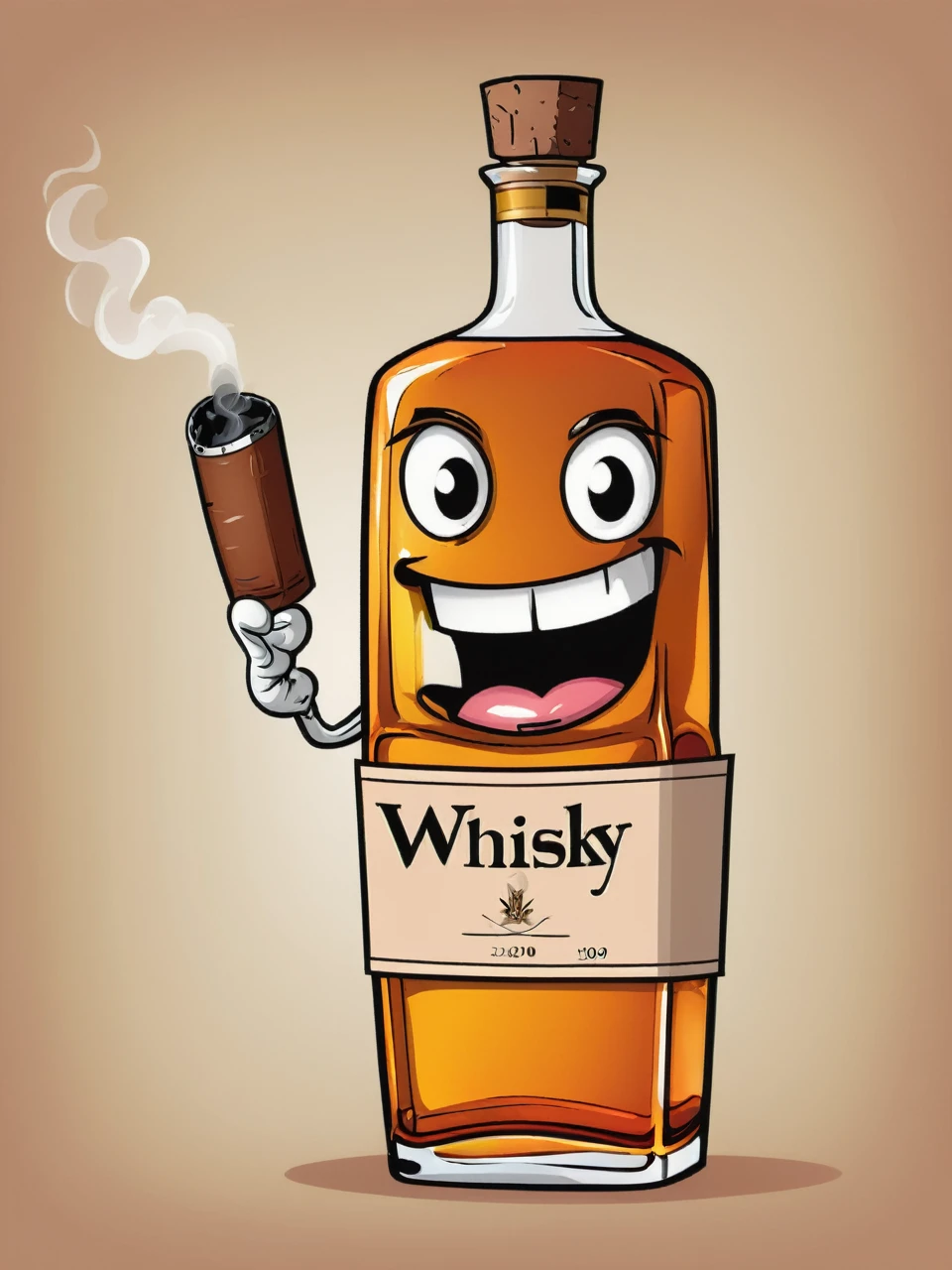 Vector illustration of a humanoid whisky bottle, cute comic style, with cigar