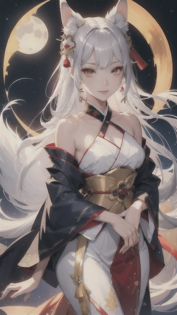 Kitsune girl,hime cut,silver eyes,gold darkblue and red tones japanese cloth, geisha dress theme sun&moon , traditional japanese , long white hair,silver fox ears, have kitsune tail, beautiful woman, silver eyes, elegant, young adult beautiful,night , starry night,sexy eyes,flirting,smile, erotic