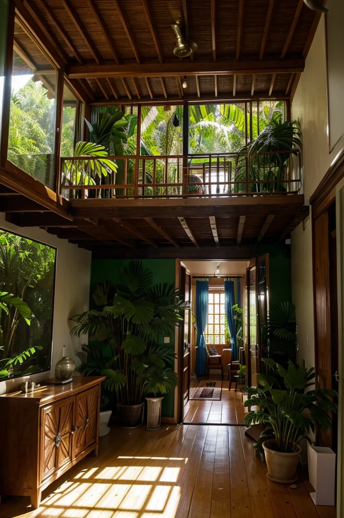 Describe the houses around IKN. The house is environmentally friendly and has a tropical forest theme. You enter the living room of the house. Then go to the bathroom. You enter the bedroom.