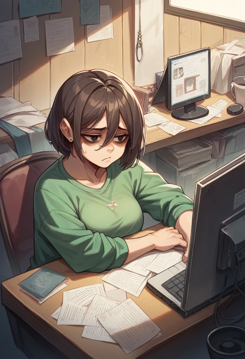 a woman, clearly looking tired, with dark circles under her eyes, in a crowded work environment with several cubicles, with lots of papers in the background looking at the computer, clearly unhappy