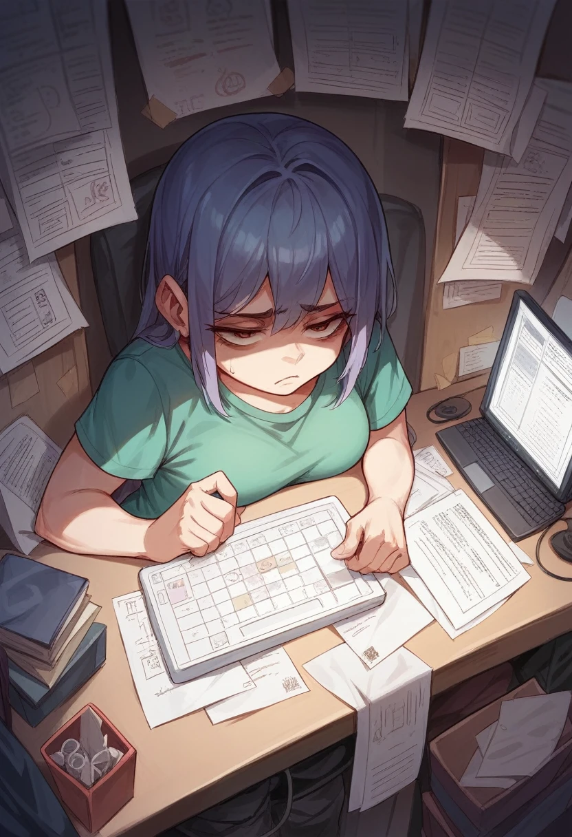 a woman, clearly looking tired, with dark circles under her eyes, in a crowded work environment with several cubicles, with lots of papers in the background looking at the computer, clearly unhappy