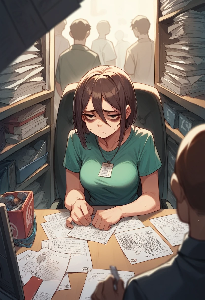 a woman, clearly looking tired, with dark circles under her eyes, in a crowded work environment with several cubicles, with lots of papers in the background looking at the computer, clearly unhappy