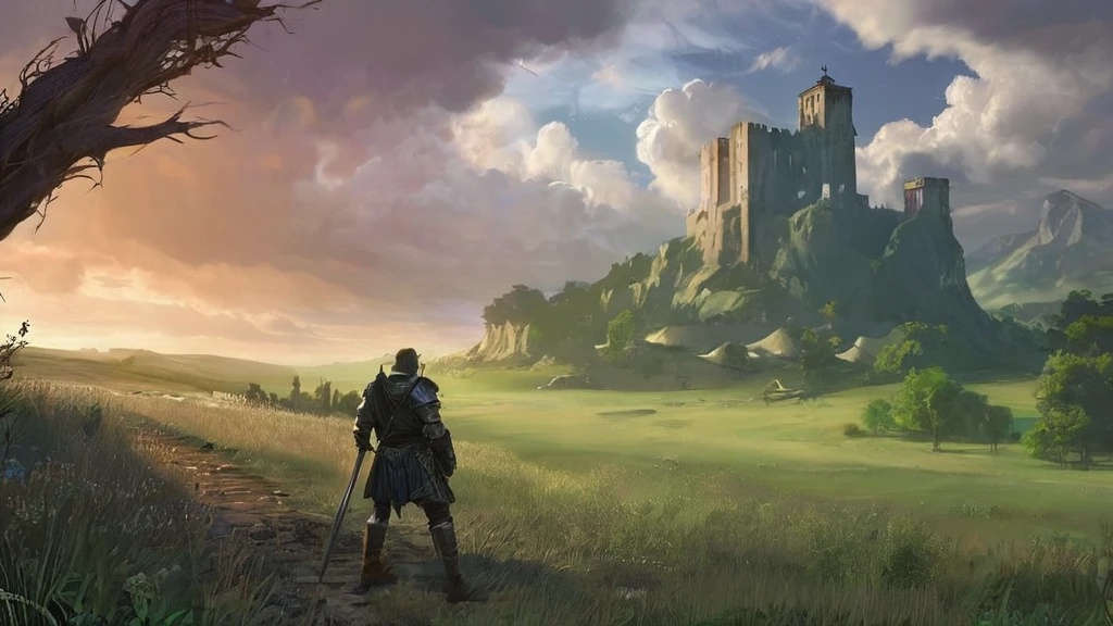 Amidst the rolling hills of the Forgotten Realms, where the whispers of ancient battles echo through the tall grasses and the sky hangs heavy with ominous clouds, strides Sir Alistair—a knight burdened by the weight of prophecy and the legacy of his forefathers. His short, brown curly hair ruffles in the wind, a stark contrast to the gleaming steel of his battle-worn armor that bears the marks of countless skirmishes and hard-fought victories.
With each step, the knight's boots sink into the soft earth of the grassfield, leaving imprints that tell tales of valor and hardship. His gauntleted hand rests lightly on the pommel of a sword that hangs at his hip, its blade etched with runes of ancient power and tempered by the blood of mythical beasts.
Behind him, the sun dips below the horizon, casting long shadows that stretch across the verdant landscape like spectral fingers. The air is heavy with the scent of wildflowers and the distant rumble of thunder—a portent of storms to come and battles yet to be waged.
In this AI-generated image inspired by medieval dark fantasy, Sir Alistair's solitary journey through the grassfield becomes a testament to courage, duty, and the unyielding quest for honor in a world where shadows lurk at every turn and the line between hero and villain blurs.