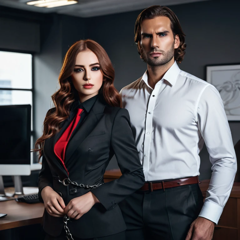 Masterpiece, Best Quality, (8k), (Best Quality), (Best photo), (best shadow), realistic lighting, (Abyss), beautiful detailed shine, photography was hdr, bdsm aesthetics. Tall man with long wavy dark brown hair of average build. The woman of medium height with reddish hair. action: He holds her by the neck in a bdsm game. They are both wearing office clothes and have their faces completely covered.. Place: a dark office.