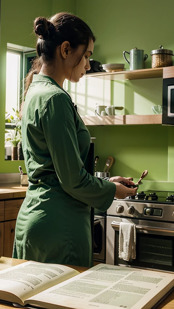 a person in the kitchen monitoring her progress in a book, surrounded by green color