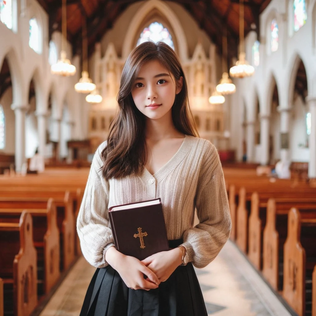 A 20 year old woman wearing a knitted dress, wearing a short black skirt, carry a small thick book, is standing, in the church, faint smile, church room background, visible throughout the room, very detailed 8k