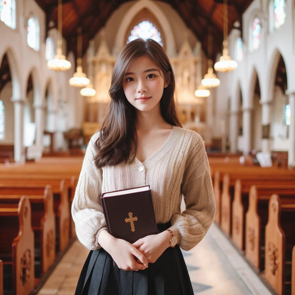 A 20 year old woman wearing a knitted dress, wearing a short black skirt, carry a small thick book, is standing, in the church, faint smile, church room background, visible throughout the room, very detailed 8k