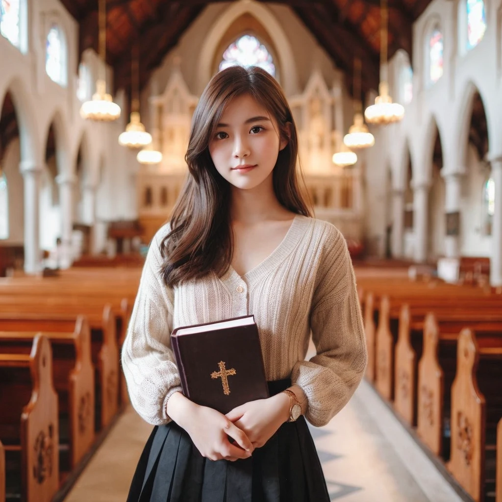 A 20 year old woman wearing a knitted dress, wearing a short black skirt, carry a small thick book, is standing, in the church, faint smile, church room background, visible throughout the room, very detailed 8k
