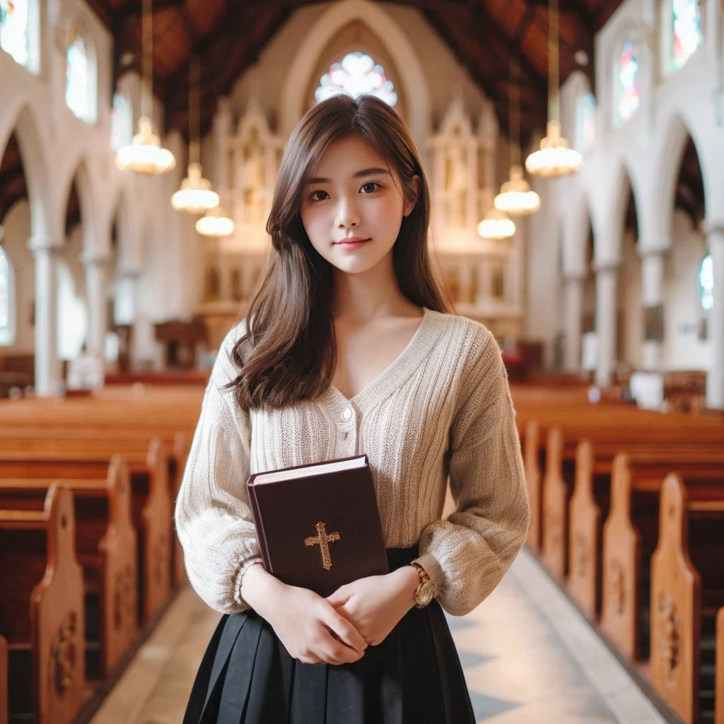 A 20 year old woman wearing a knitted dress, wearing a short black skirt, carry a small thick book, is standing, in the church, faint smile, church room background, visible throughout the room, very detailed 8k