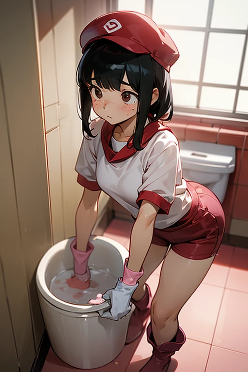 A Japanese black-haired, freckled female  wearing a short-sleeved gym uniform and a red gym cap, wearing large pink rubber gloves and white rubber boots, cleaning a dirty toilet at school