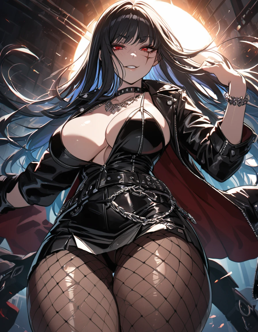 best quality, masterpiece, ultra-detailed, illustration, dynamic pose, Yoru, yorucsm, face scar, red eyes, black hair, looking at viewer, (evil smile), heavy eyeliner, (wearing a leather jacket, platform boots:1.2), adorned with studded accessories, (layered necklaces), bold patterns, (torn fishnet pantyhose:1.2), black miniskirt, dramatic makeup, black nail polish, oversized rings, close-up shot, thick thighs, big breasts, big ass, wide hips, hip dip, glossy lips, expressive face, (ratatatat74:1.4), ratatatat74 style illustration, cinematic lighting, volumetric lighting, vibrant colors, ray tracing, intricate details in 8k or 4k resolution