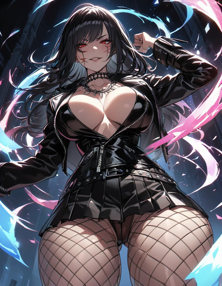 best quality, masterpiece, ultra-detailed, illustration, dynamic pose, Yoru, yorucsm, face scar, red eyes, black hair, looking at viewer, (evil smile), heavy eyeliner, (wearing a leather jacket, platform boots:1.2), adorned with studded accessories, (layered necklaces), bold patterns, (torn fishnet pantyhose:1.2), black miniskirt, dramatic makeup, black nail polish, oversized rings, close-up shot, thick thighs, big breasts, big ass, wide hips, hip dip, glossy lips, expressive face, (ratatatat74:1.4), ratatatat74 style illustration, cinematic lighting, volumetric lighting, vibrant colors, ray tracing, intricate details in 8k or 4k resolution