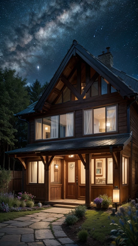 Small Cottage, with basic design, welcoming, glass windows, romantic space, Starry sky