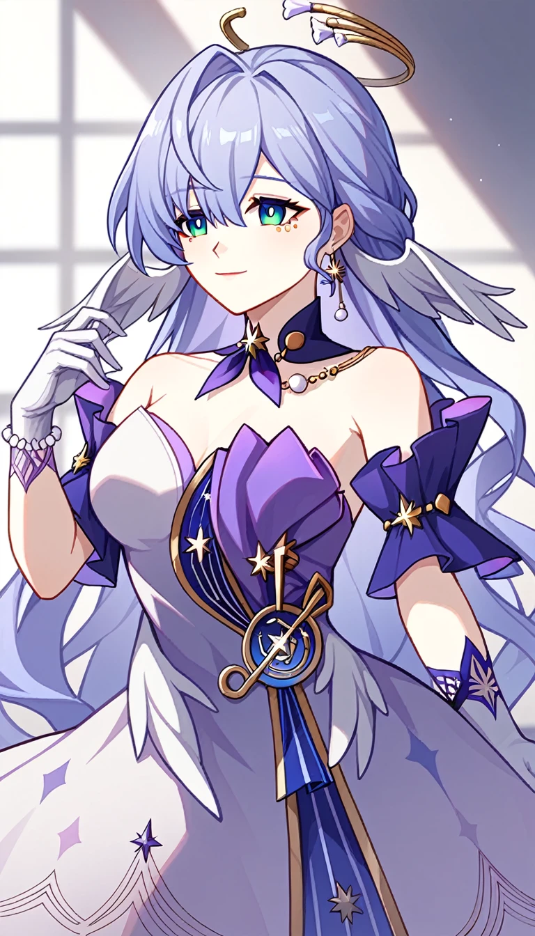 1girl, robin_\(honkai:_star_rail\), bare_shoulders, head_wings, white_dress, white_gloves, detached_sleeves, short_sleeves, aqua_eyes, long_hair, halo, purple_dress, hair_between_eyes, earrings, purple_hair