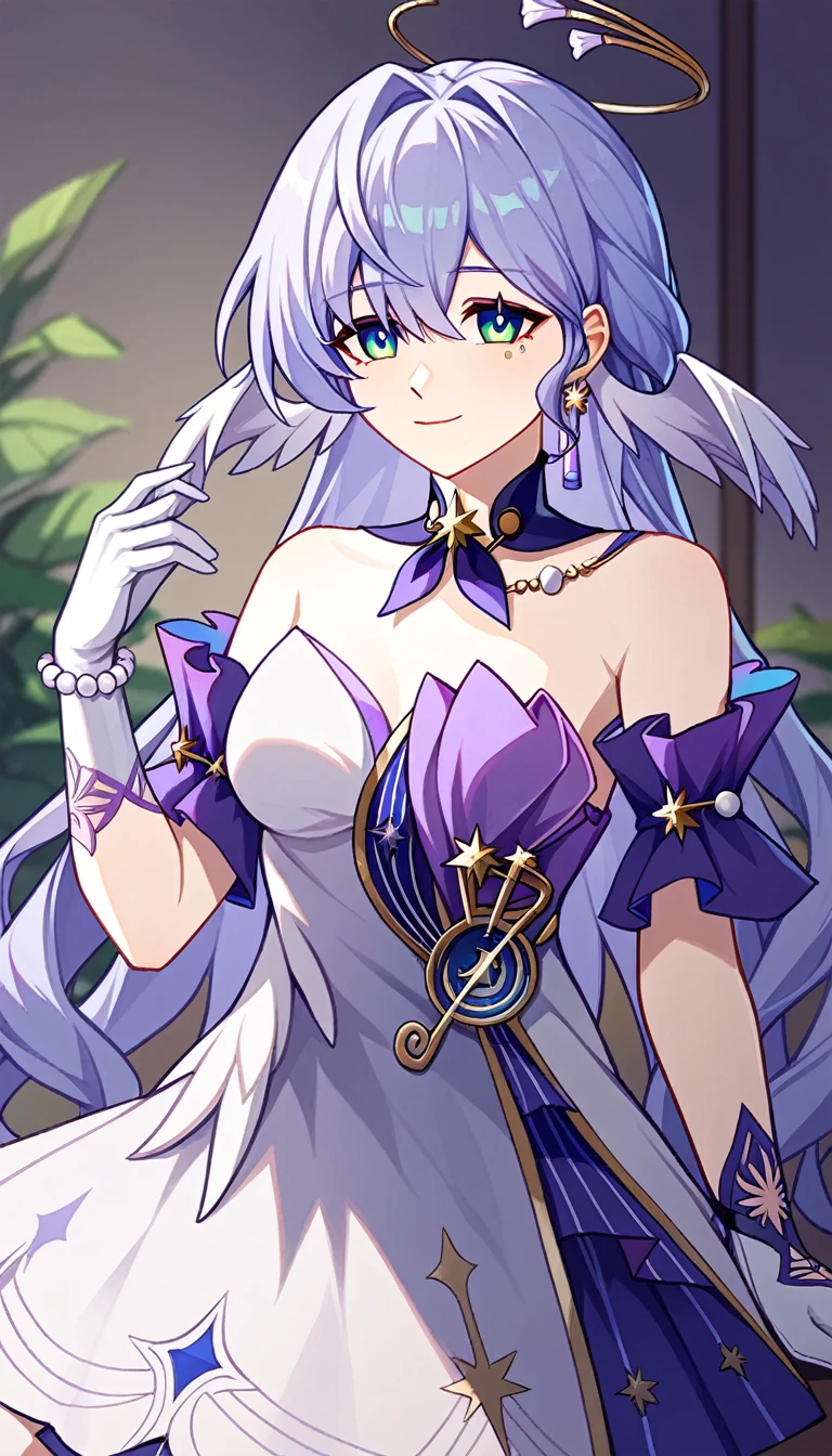 1girl, robin_\(honkai:_star_rail\), bare_shoulders, head_wings, white_dress, white_gloves, detached_sleeves, short_sleeves, aqua_eyes, long_hair, halo, purple_dress, hair_between_eyes, earrings, purple_hair