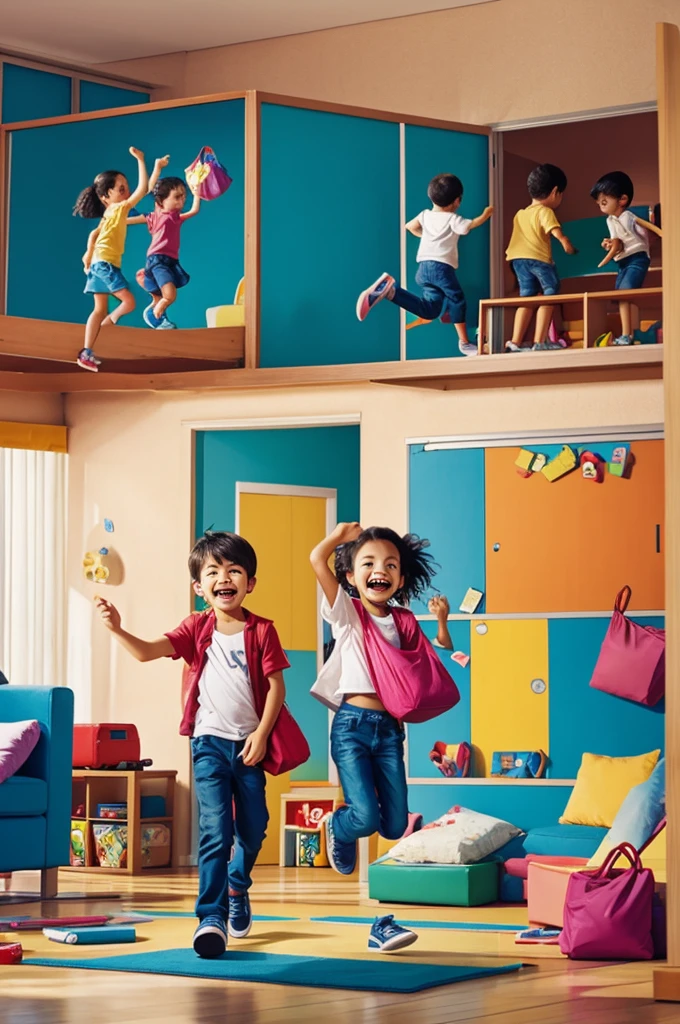 Happy Children Cartoon, dropping the bags, saltindo of the living room, end of classes