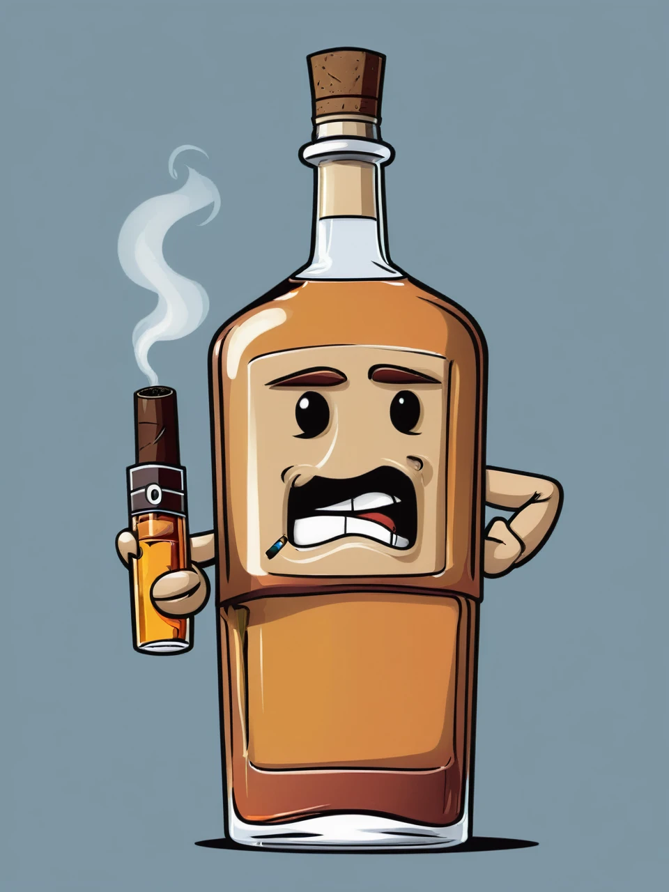 Vector illustration of a humanoid whisky bottle, cute comic style, with cigar