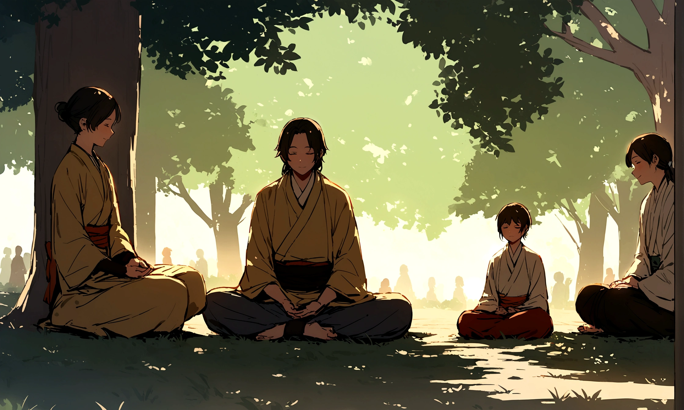 The protagonist joins a small meditation group in the park, their posture relaxed, finding solace in the community practice.