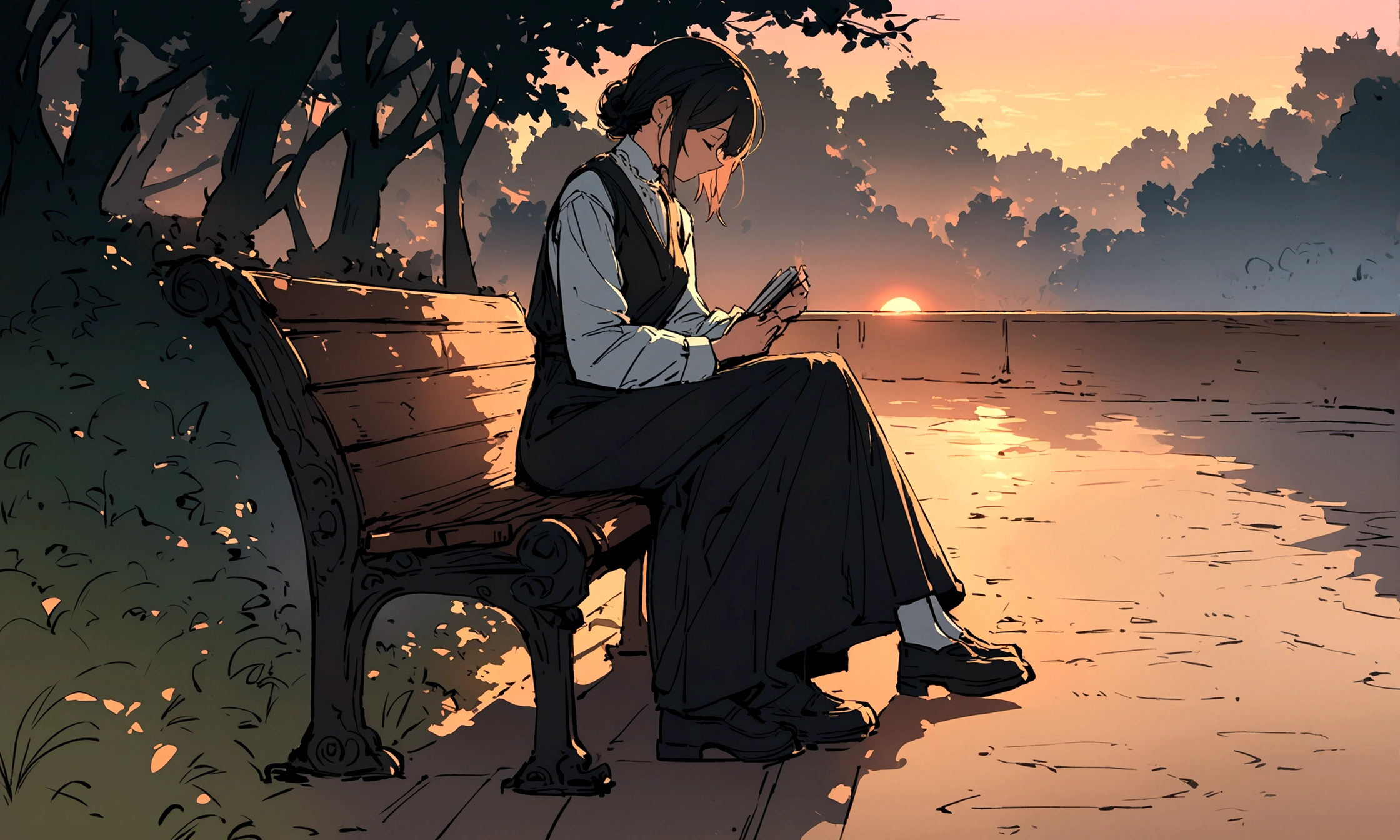 A sunset scene shows the protagonist sitting alone on a bench, journaling with a serene expression.