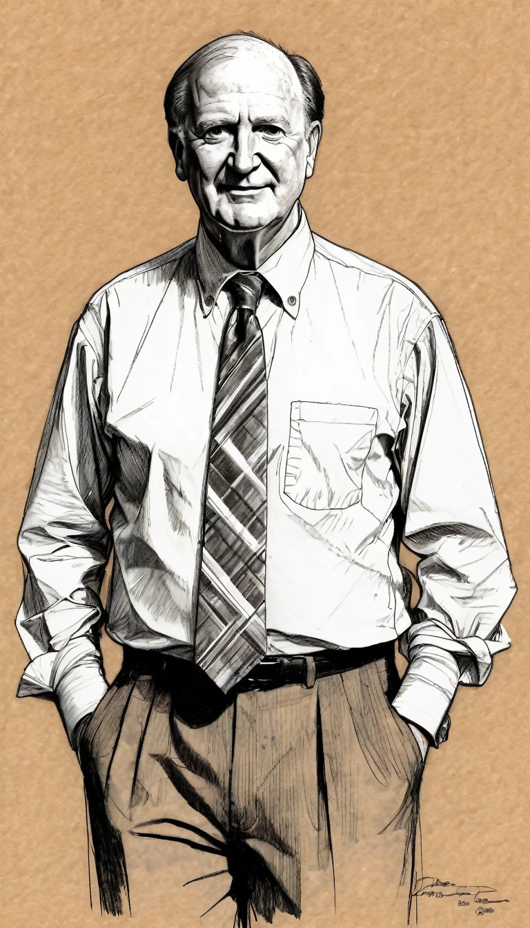 Steve Balmer, only bits of color, old worn parchment paper, hand-drawn, dark, gritty, realistic sketch in pencil, Rough sketch, brown hair, a mix of bold dark lines and loose lines, bold lines, on paper, character sheet, former Microsoft CEO, wearing a dress shirt with a necktie, very realistic, Full body,