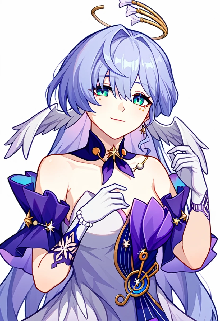 1girl, robin_\(honkai:_star_rail\), bare_shoulders, head_wings, white_dress, white_gloves, detached_sleeves, short_sleeves, aqua_eyes, long_hair, halo, purple_dress, hair_between_eyes, earrings, purple_hair