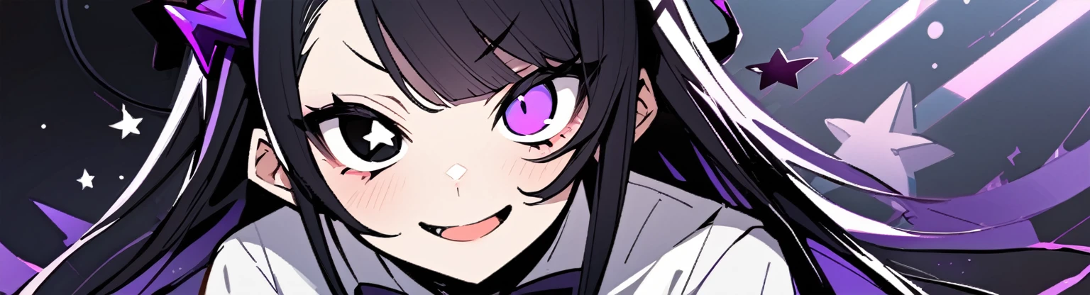 A girl with long black hair with straight bangs, with hair cut at the ends. Two large strands in the front, one bigger than the other. A rebel thread. A small white streak in your bangs. Two demon horns, one purple and one black, both with a dark purple star. one black eye and one purple eye. A purple star on your right cheek. black wide pants. All star shoe. Full white shirt with a bow tie with a star in the middle, with short sleeves. a big chest . Grinning. She is a star demon. She is standing looking at the camera. In one of his eyes a star in the black eye case, in the black eye and just black. Sex girl. Sex girl. One black eye and one purple eye