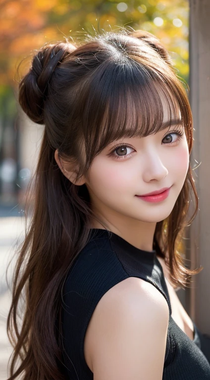 masutepiece, Best Quality, Illustration, Ultra-detailed, finely detail, hight resolution, 8K Wallpaper, Perfect dynamic composition, Beautiful detailed eyes, Women's Fashion Autumn,Bun hair,Small breasts natural color lip, Bold sexy poses,Smile,Harajuku、20 years girl、Cute、Sexy shot looking at camera,Raw photo