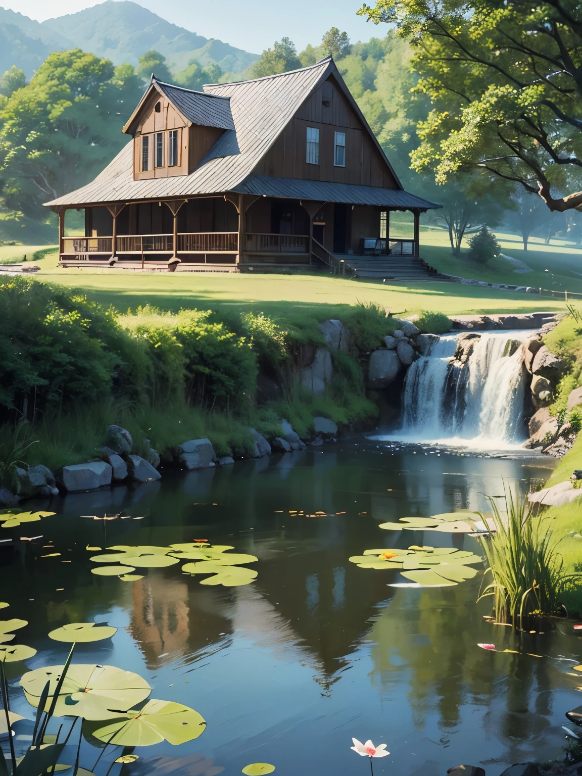 With the American farm as the background, Digital Painting creator Dai Jin's illustrations depict an anime-style rural landscape with pure colors and Rich details, which is very beautiful and full of Artistic Sense. The details of the house and pond in the picture are rich and realistic, Creates the effect of a real oil painting, that&#39;wonderful. (farm, American Landscape, Anime countryside, Digital Painting, Rich details, Oil painting effect, Artistic Sense)