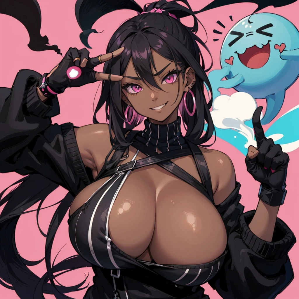kpop girl with rizz smile face, bad ass, long black messy hair, piercing, black mixed pink striped sweater, cool badass pose, smoke background ,jht, dark skin, huge boobs , curvy body, cleavage, shoulder free