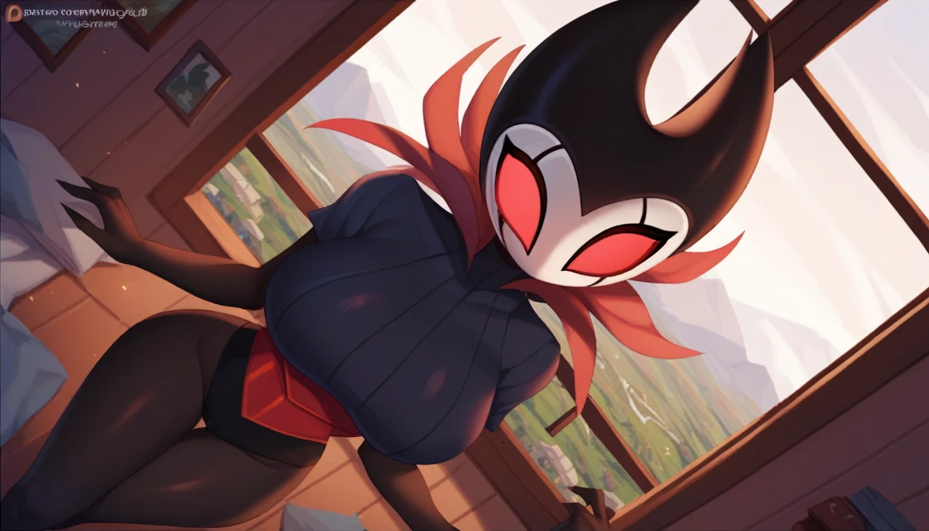 score_9, score_8_up, score_7_up, score_6_up, zPDXL2, grimm \(hollow knight\), vampire, bat, 1boy, solo, cute face, detailed eyes, anthro, clothed, background, near the window, landscape, looking at the viewer, curvy body, angle from above, highlight thighs 