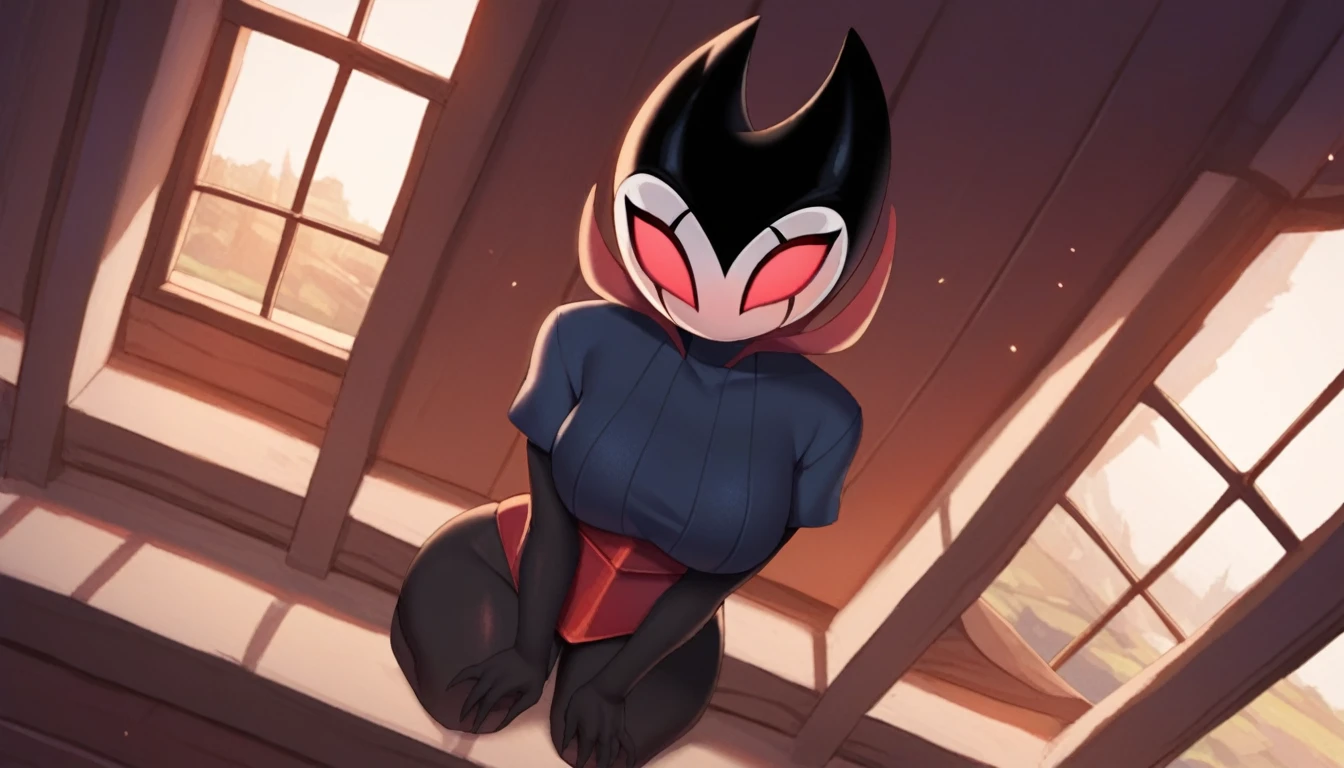 score_9, score_8_up, score_7_up, score_6_up, zPDXL2, grimm \(hollow knight\), vampire, bat, 1boy, solo, cute face, detailed eyes, anthro, clothed, background, near the window, landscape, looking at the viewer, curvy body, angle from above, highlight thighs 