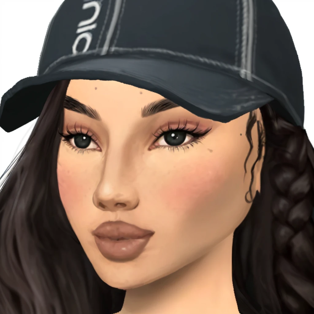 The image shows a feminine girl with long, dark braided hair, wearing a black baseball cap with gray trim. The woman has delicate features, with thin eyebrows, large, expressive eyes, and pink lips. She appears to be wearing a white short-sleeved t-shirt..