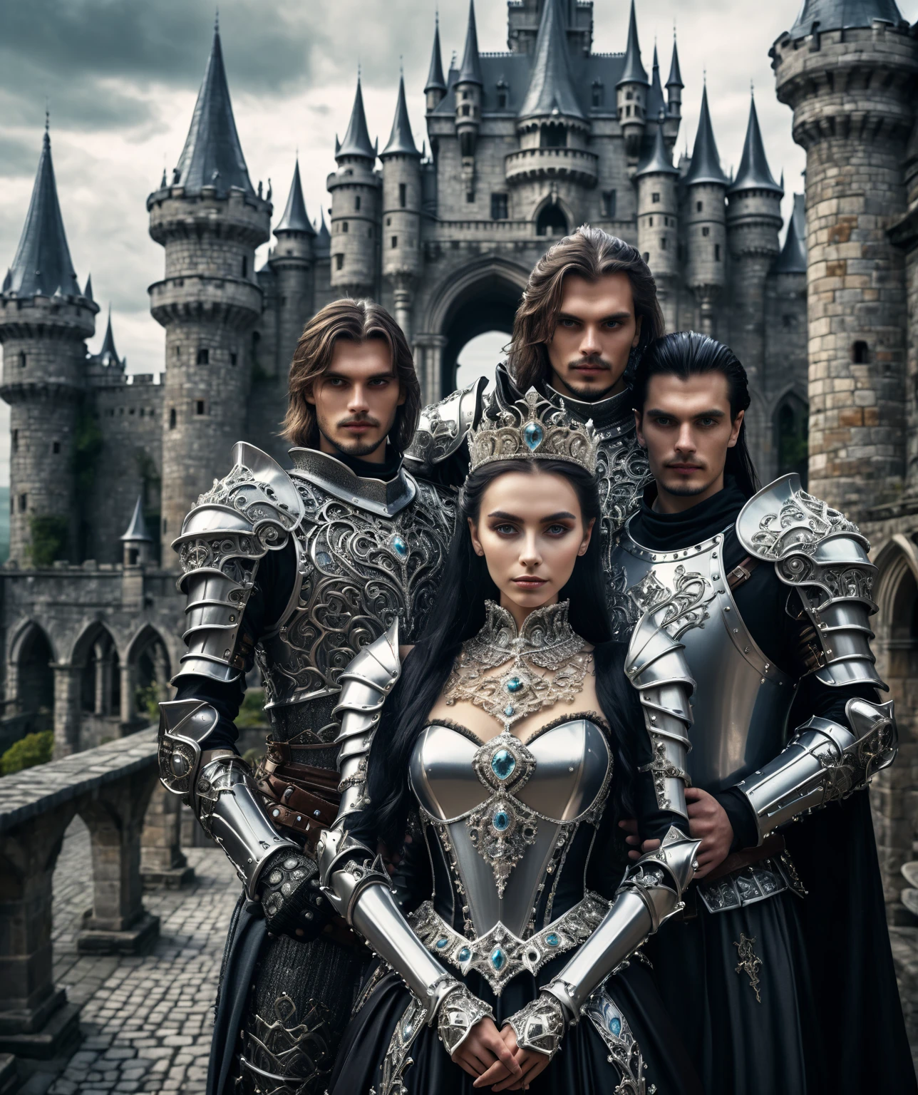 A male medieval knight and a woman in biomechanical armor , each one holding half of a diamond tiara, they joined the tiara parts together, surrounded by the kravens, terrace of a castle, magical goth atmosphere, highly detailed, aerial point of view, cinematic.